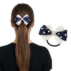 Handmade Navy Blue White Polka Dot Bow Ponytail Holder Elastic Hair Tie